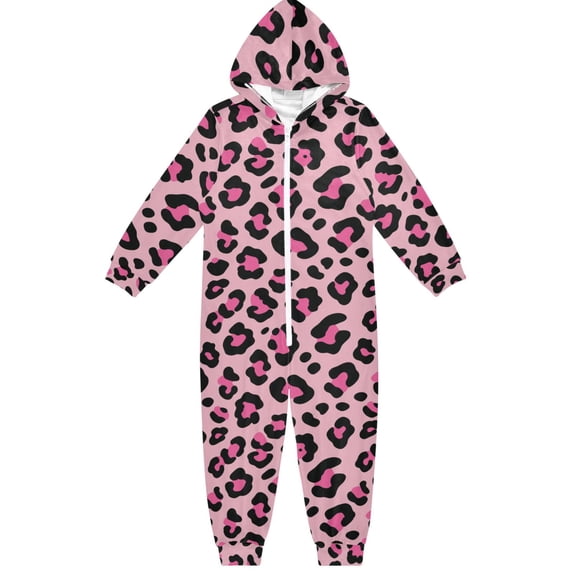 Pink Leopard Boys & Girls Hooded One-Piece Pajamas Warm Crystal velvet Hooded Long Sleeve Loungewear Jumpsuit Unisex