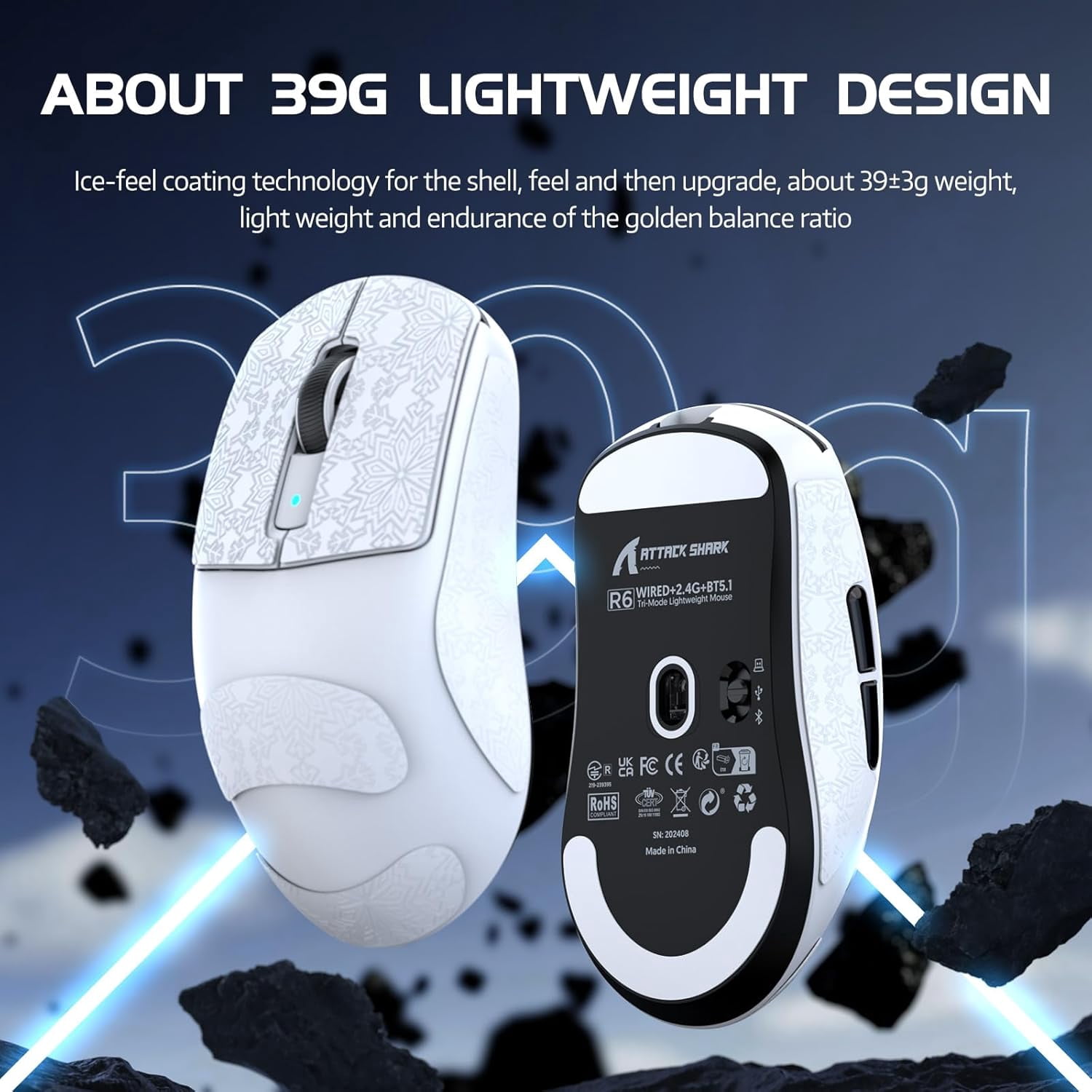 ATTACK SHARK R6 39g SUPERLIGHT Mouse with Grip Tape, PixArt PAW3950MAX Gaming Sensor, Wireless 8K Mouse, MCU Nodic 52840, BT/2.4G/Wired Gaming Mouse, Adjustable DPI 42000, for Win11/Xbox/PS/Mac -White