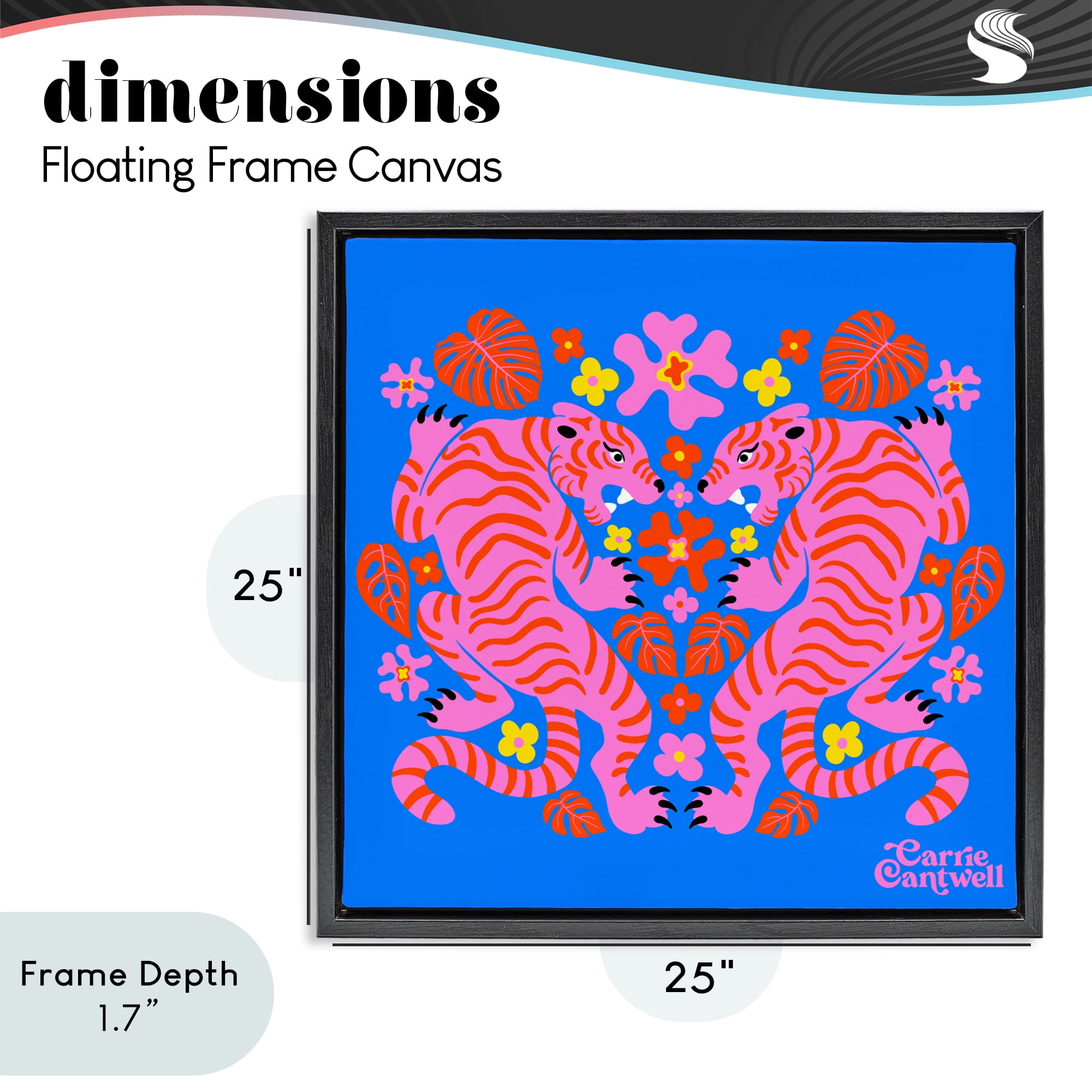 Stupell Industries Pink Tigers and Monstera Black Framed Floater Canvas Wall Art, design by Carrie Cantwell