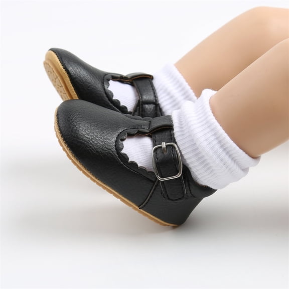 GiLiling Baby Girl Mary Jane Shoes, Soft Leather Closed-Toe Flats with Adjustable Buckle Strap, Non-Slip Rubber Sole Baby Footwear (Black, 3-6 Months)