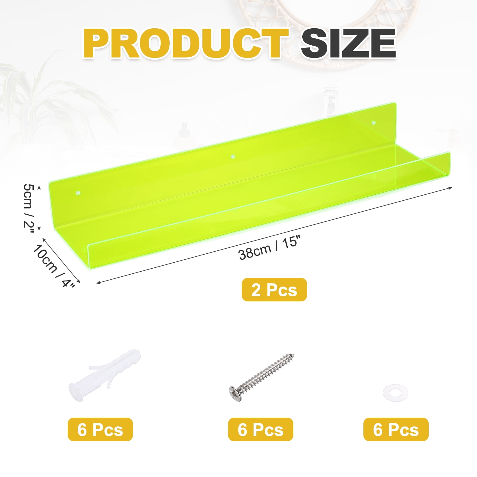 2 Pack Acrylic Shelves for Wall, 15 Inch Fluorescent Green Floating Shelves Wall Mount Display Shelf for Bathroom, Bedroom, Living Room, Room Decor