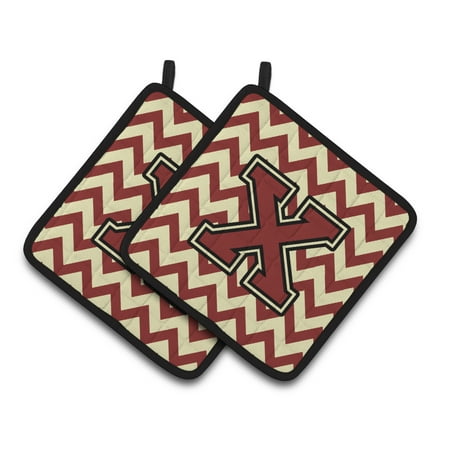 

Carolines Treasures CJ1061-XPTHD Letter X Chevron Maroon and Gold Pair of Pot Holders 7.5HX7.5W multicolor