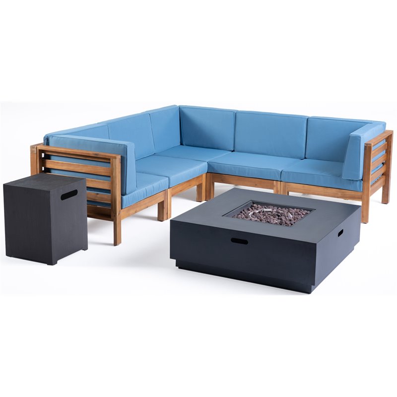 Malawi 7pc VShaped Sectional Sofa Set Cushions Teak with Blue and Dark Gray