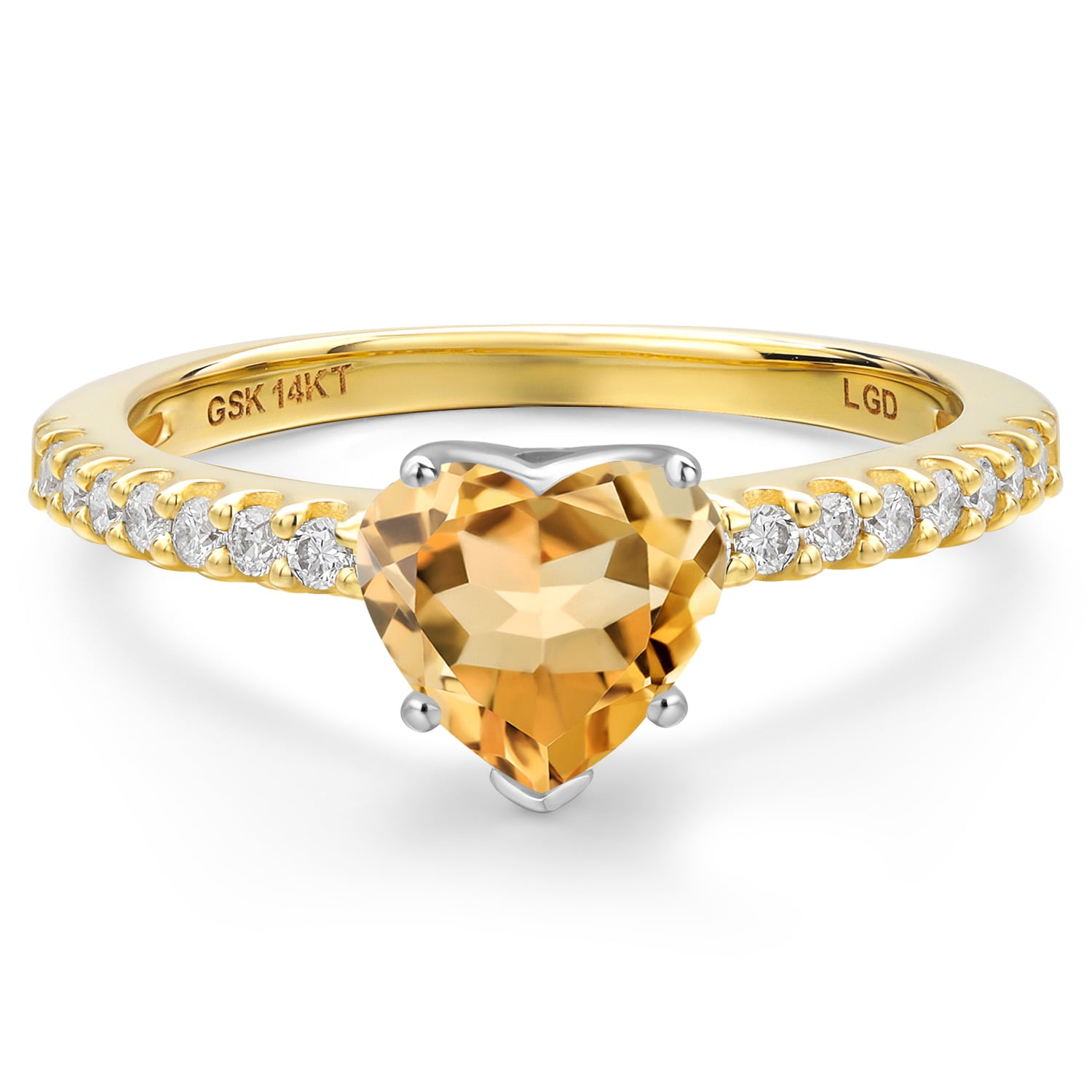 Gem Stone King 14K Two Tone Gold Yellow Citrine and Lab Grown Diamond Engagement Ring for Women | 1.56 Cttw | Heart Shape 8MM | Gemstone November Birthstone | Size 8