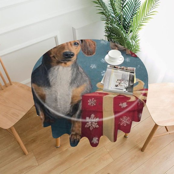 RKSupls 60 Inch Round Tablecloth, Dachshund Gifts Snowflakes Premium Polyester Straight Edge Wrinkle Resistant Washable Table Cover for Party Home Dining Decor