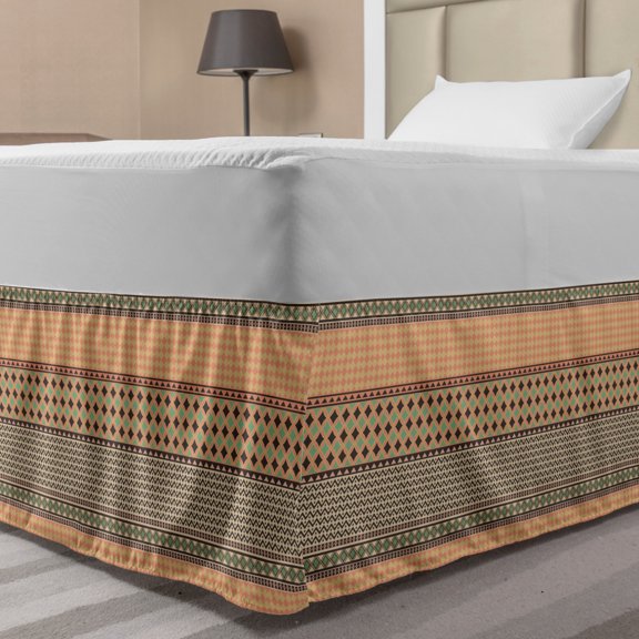 Kente Pattern Bed Skirt, Stripes Zig Zag Dots Design with Geometric Borders Native Traditional Design, Elastic Bedskirt Dust Ruffle Wrap Around for Bedding Decor, 4 Sizes, Multicolor, by Ambesonne