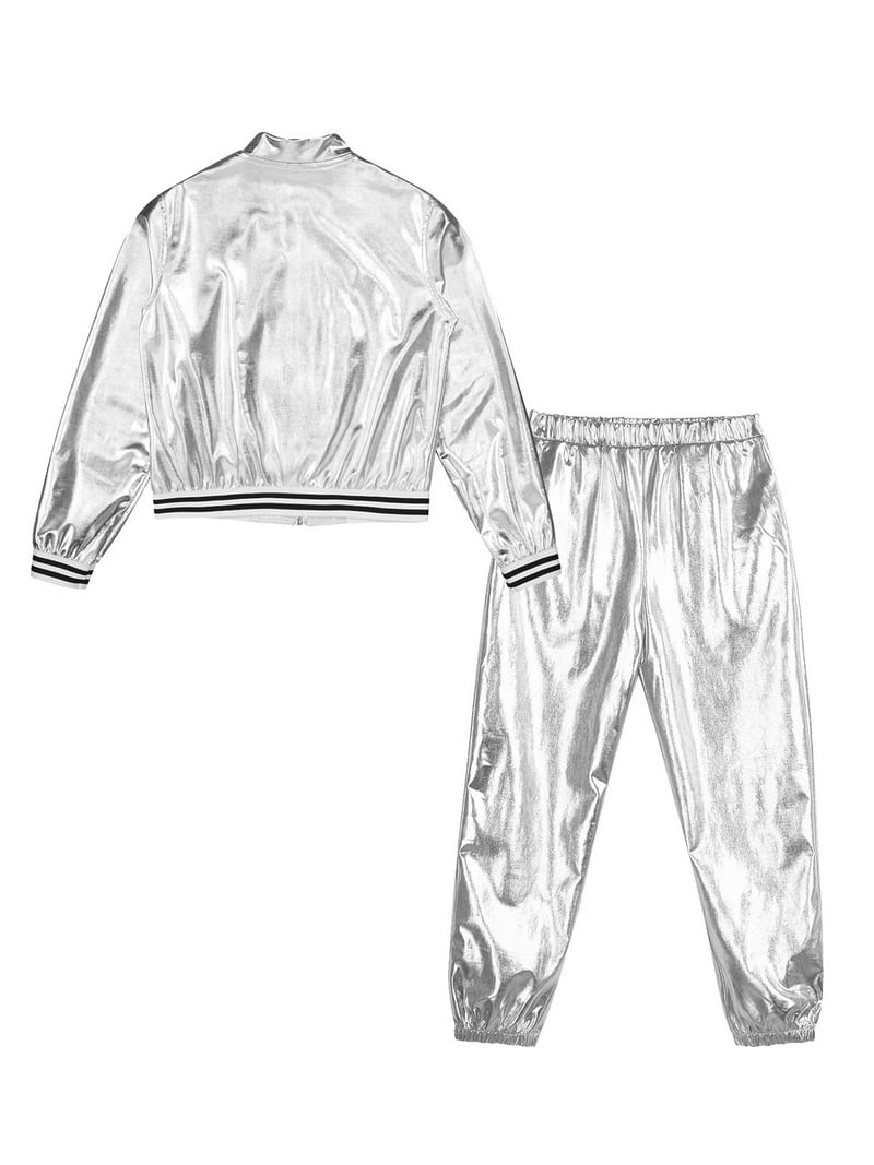 vastwit Kids Girls Dance Outfit Hip Hop Tracksuit Shiny Metallic