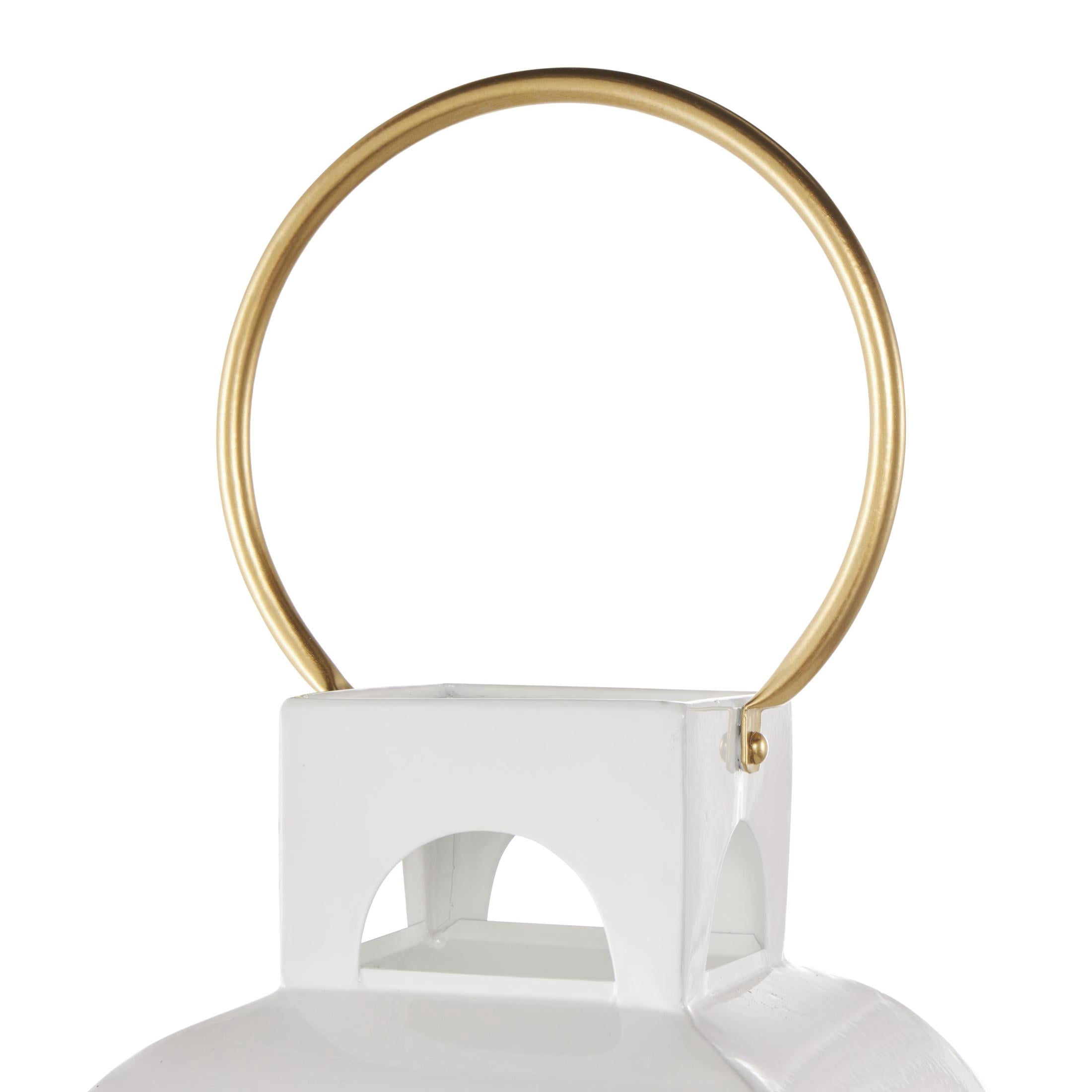 DecMode White Metal Tall Arched Cutout Candle Lantern with Gold Handle