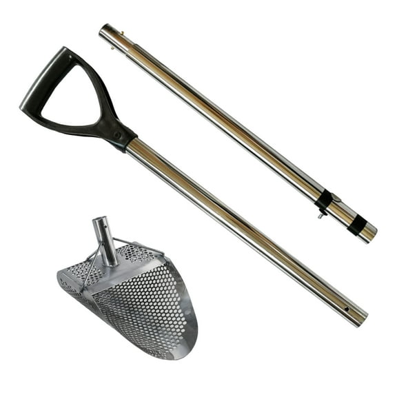 Dune Scoops Kraken 11" x 8" Stainless Metal Detector Sand Scoop w/ Sm Hexagon Holes and Dune Large & Strong Collapsible Stainless Steel Handle Universal Pole