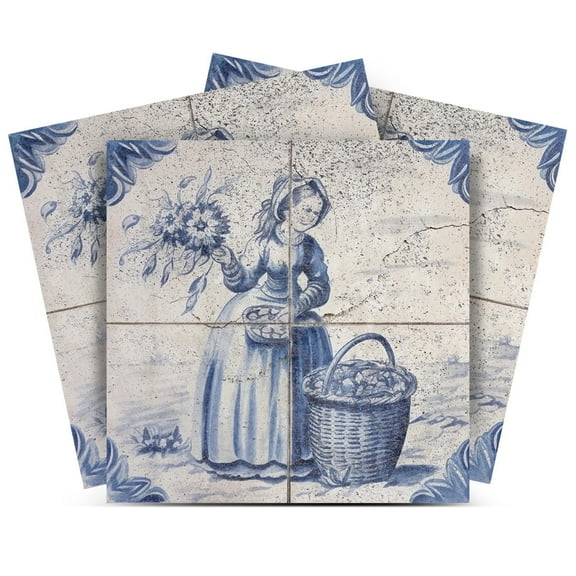 Mi Alma Vinyl Peel and Stick Delft Vintage D22 Backsplash Tile Stickers, Light Blue, 4" x 4" (24-Pack)