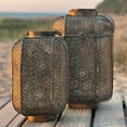 thumbnail image 2 of Moroccan Temple Lanterns, Set of 2, Hurricanes, Vintage, Petal Patterned Lattice Bellies, For LED or Wax Candles, Patina Finish Brass Metal, Hinged Top, 19.25 and 15 Inches Tall, 2 of 7