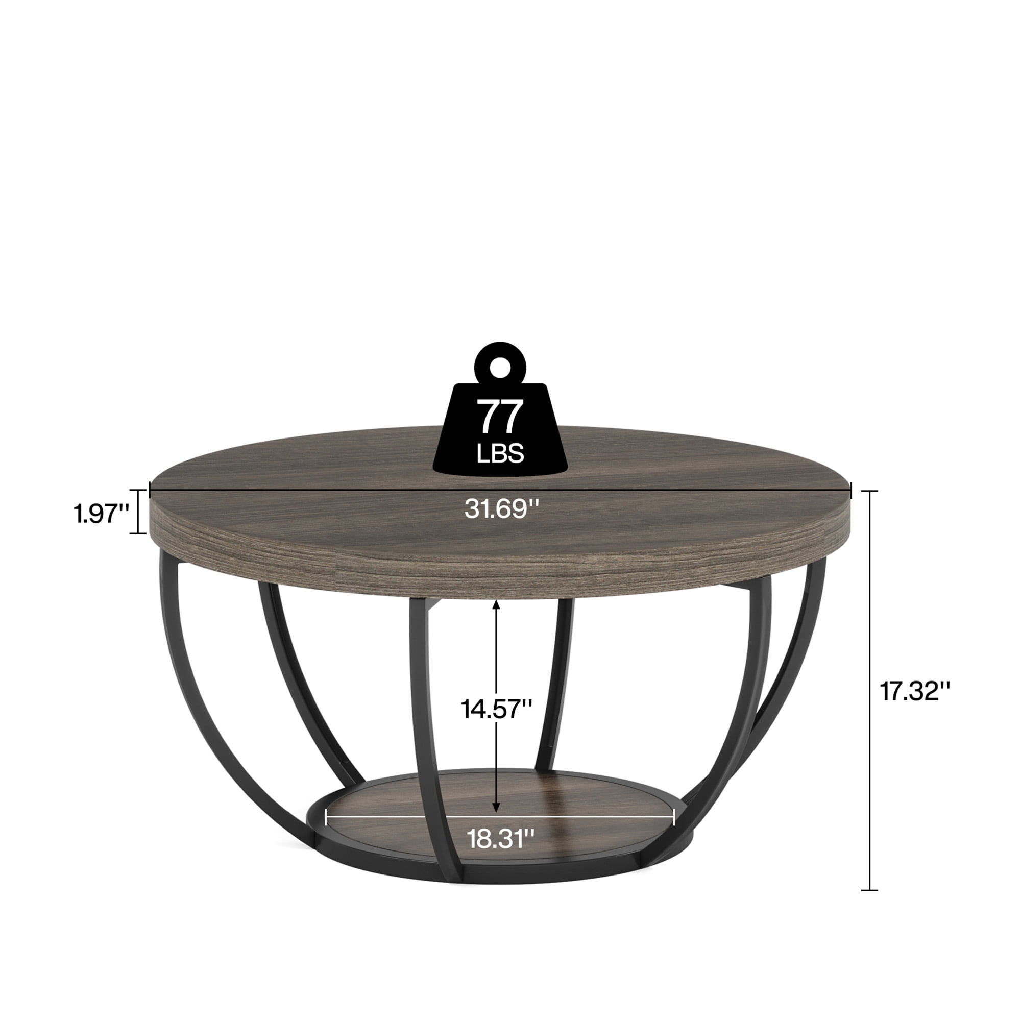 MAYEERTY 2 Tier Round Coffee Table Thickened Engineered Wood Sturdy Metal Base