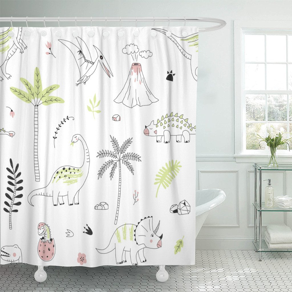 72x72 in. Family Baby Dinos 100/% Polyester PlayFunLearn Kids Dinosaur Shower Curtain Hooks incl Nature Water