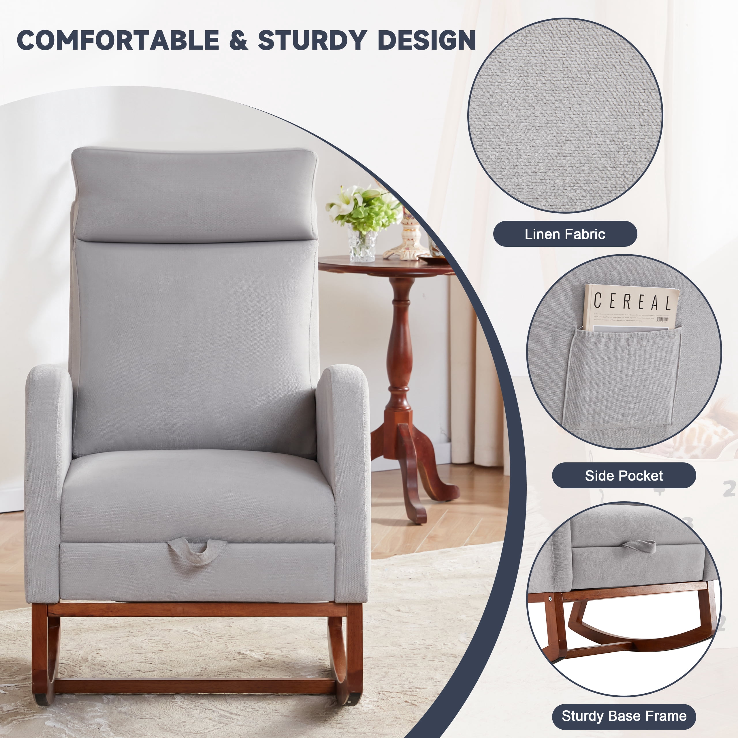 Someet Nursery Rocking Chair with Footrest,Linen Material Rocker Armchair with High Backrest and Pillow for Bedroom Living Room,Gray