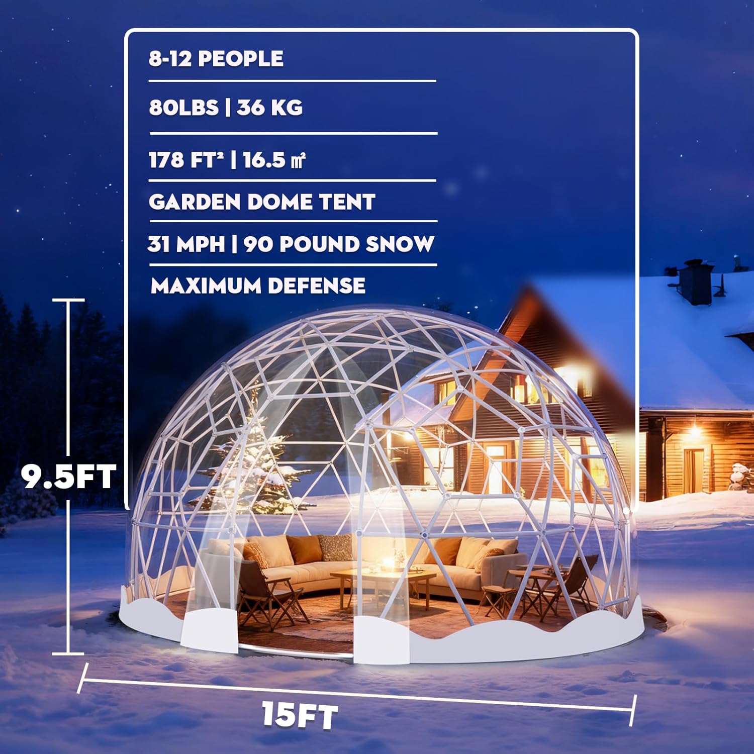 Esheno Large Garden Dome Tent 15x9.5 ft PVC Greenhouse for 8-12 Person Waterproof Clear Tent with Window for Wedding Party Camping Christmas White