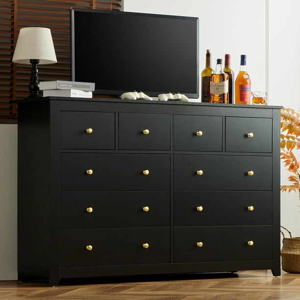 black large dresser with deep drawers Dresser Chest with 12 Deep Drawers without Handles Modern Large Chest of  Drawers with Storage 63''L x 15.7''W x 32''H Black in the Dressers  department at Lowes.com