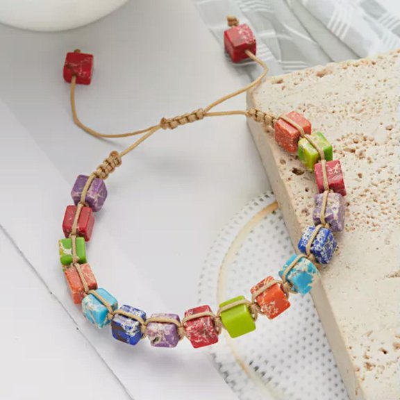 GKNET Natural Stone 7 Chakra Healing Bracelet Leather Bangle Charm Women Delicate Jewelry Gift-2-Colorful Square