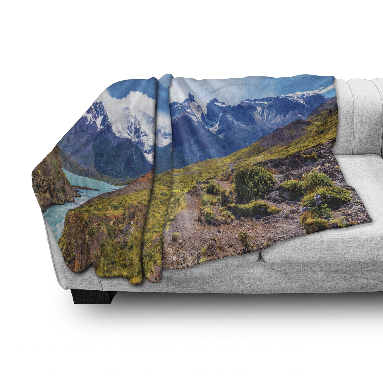 Azure Blue and Multicolor Ambesonne Colorful Throw Blanket 60 x 80 Landscape Image of Pehoe Lake at Torres Del Paine National Park Flannel Fleece Accent Piece Soft Couch Cover for Adults