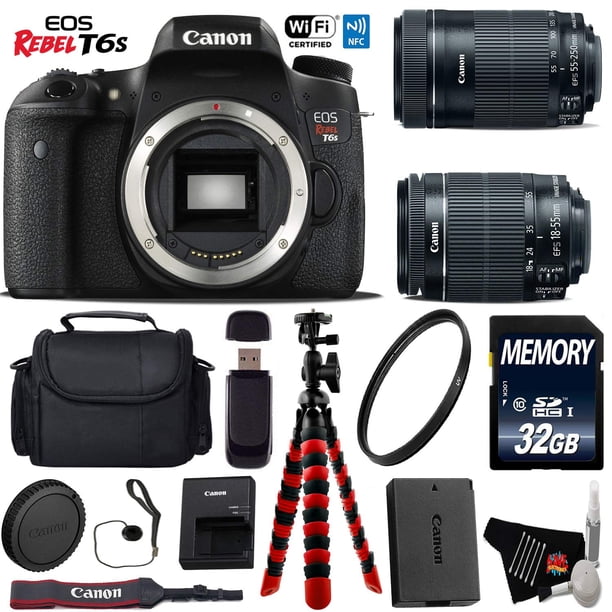 Canon EOS Rebel T6S DSLR Camera with 18-55mm is STM Lens & 55-250mm is STM Lens + Flexible Tripod + UV Protection Filter + Professional Case + Card Reader - Intl Model Canon 32GB - Basic Kit - AF7CANT6S55250KB2