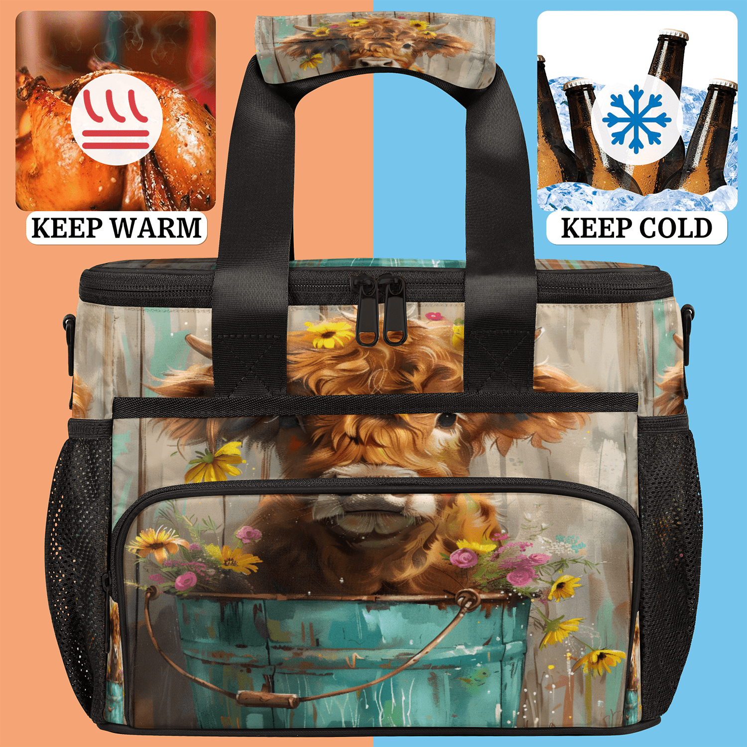 Herdesigns Highland Cow Wood Print Large Lunch Box for Adults Women Men with Adjustable Shoulder Strap, Insulated Reusable Lunch Bag Leakproof Cooler Tote Bag