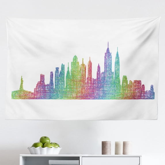 NYC Tapestry, Megacity New York Big Apple Famous Landmarks Simplistic Cityscape Illustration, Fabric Wall Hanging Decor for Bedroom Living Room Dorm, 2 Sizes, Multicolor, by Ambesonne