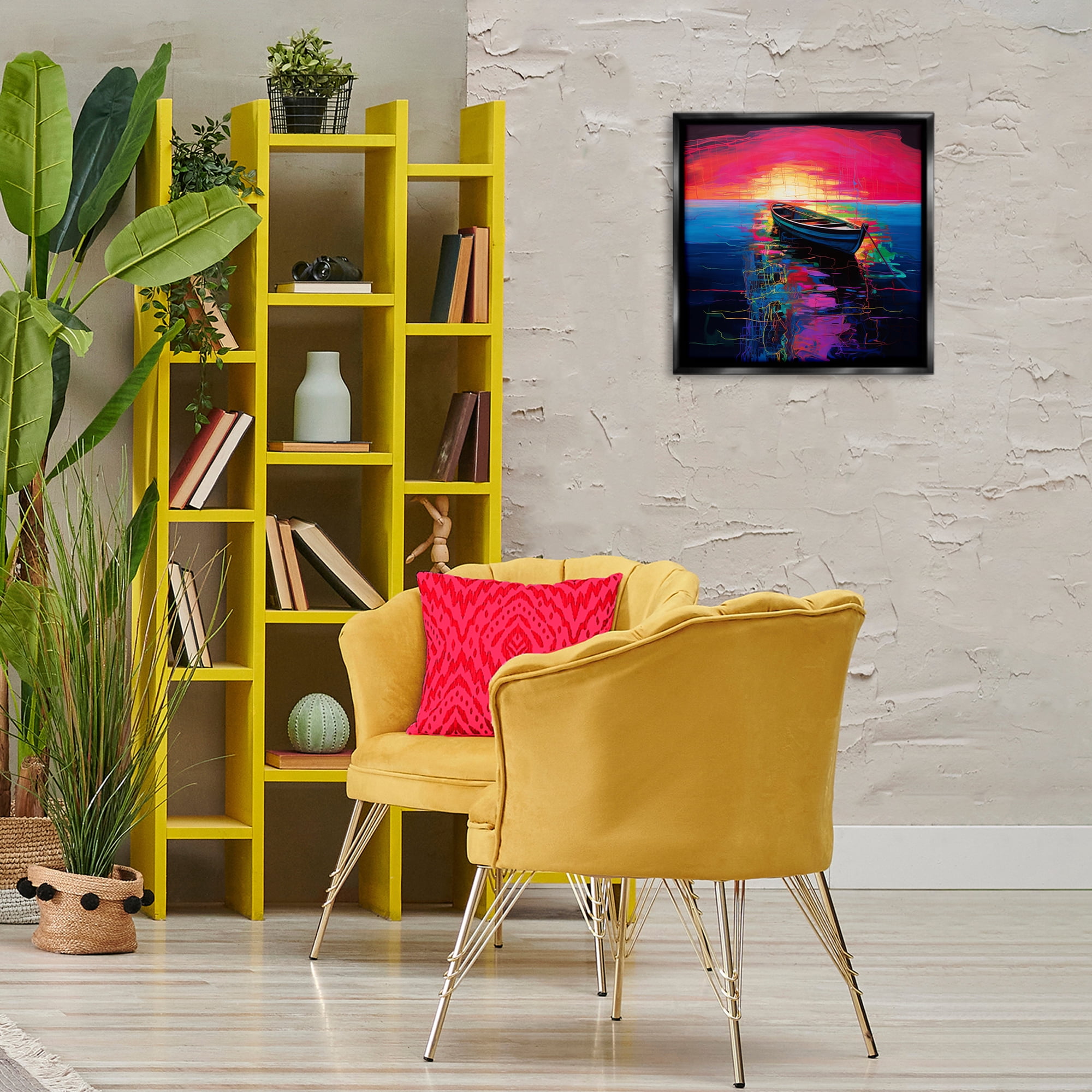 Stupell Industries Boat in Bold Sunset Transportation Painting Black Floater Framed Canvas Art Print Wall Art, 18 x 18