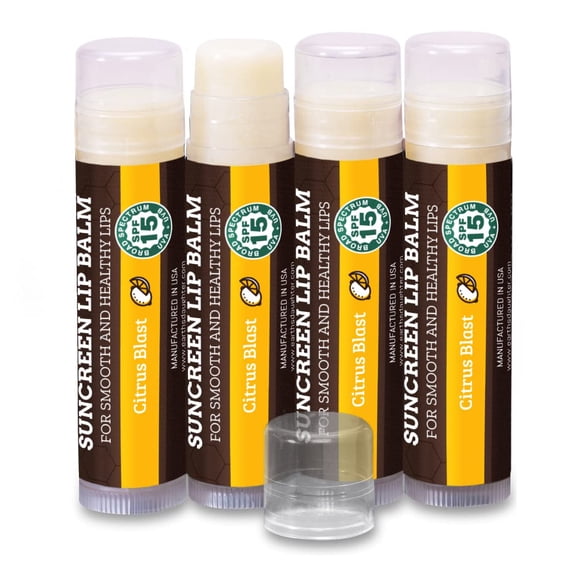 Bálsamo labial SPF, paquete de 4 de Earth's Daughter - Protector solar para labios SPF 15 Ingredientes orgánicos Sabor cítrico Cera de abejas Aceite de coco Vitamina E - Hipoalergénico Sin parabenos S