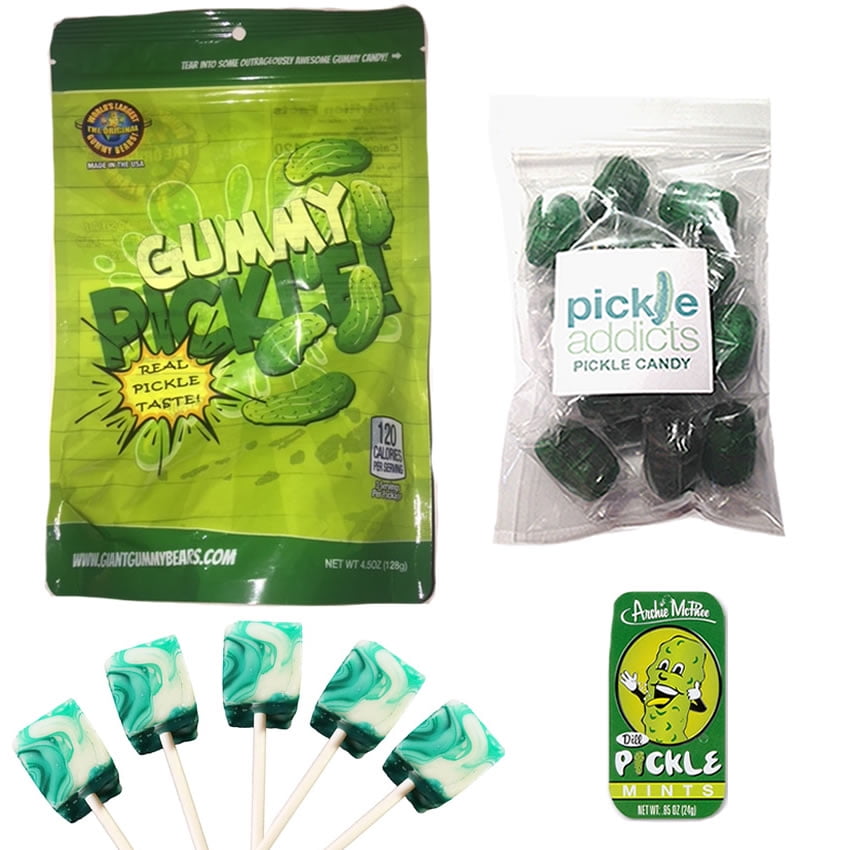 Deluxe Pickle Candy Sampler Gift Pack (4pc Set) Dill Pickles Lollipops, Pickle Mints,... by