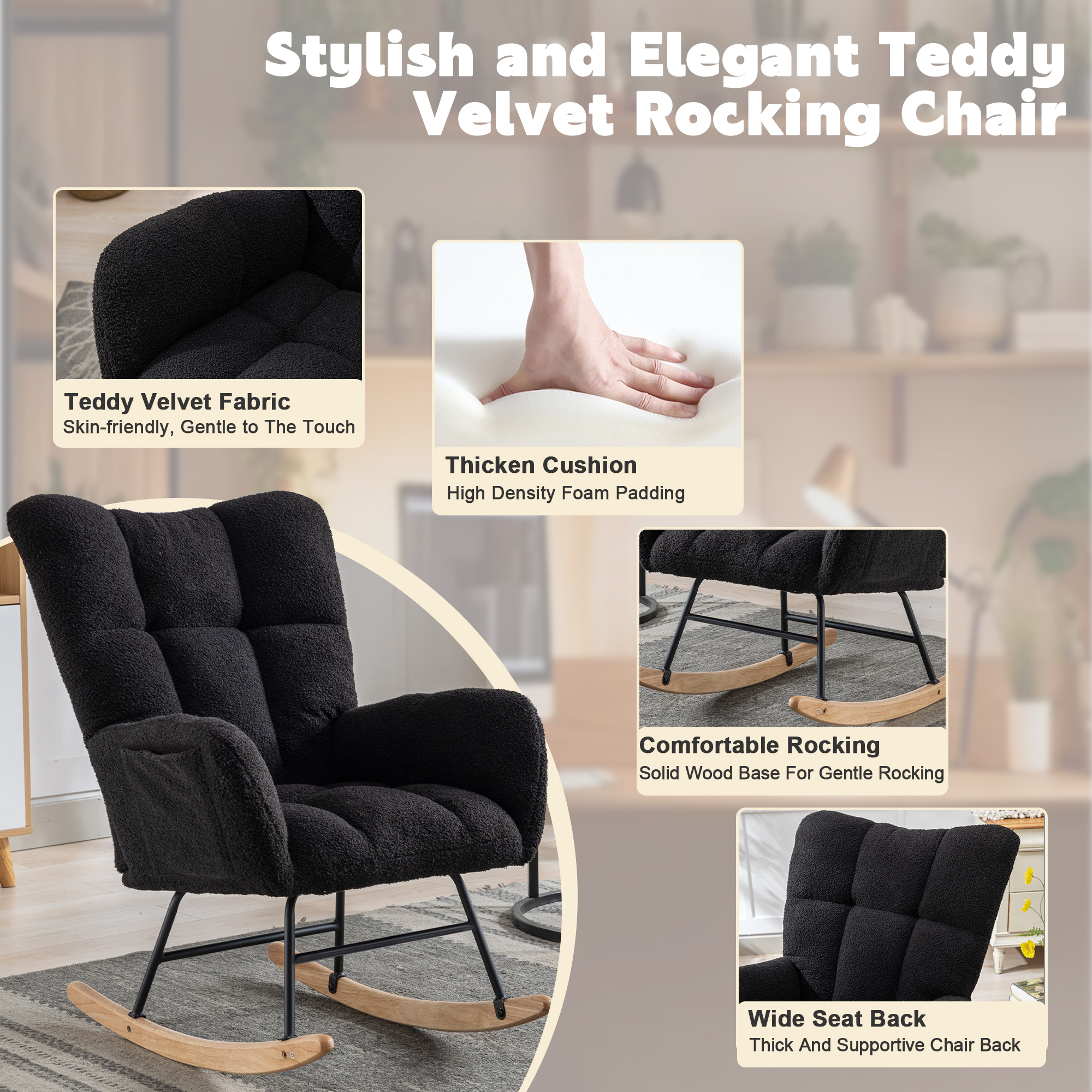 Hforesty Nursery Rocking Chair Teddy Upholstered Glider Rocker,with Comfortable Armchair for Living Room & Nursery, BLACK