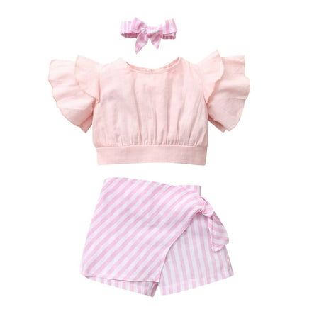 

Baby Girls Clothes Baby Essentials Toddler Baby Girls RUffles Solid Tops+Striped Printed Shorts Headbands Outfits on Clearance