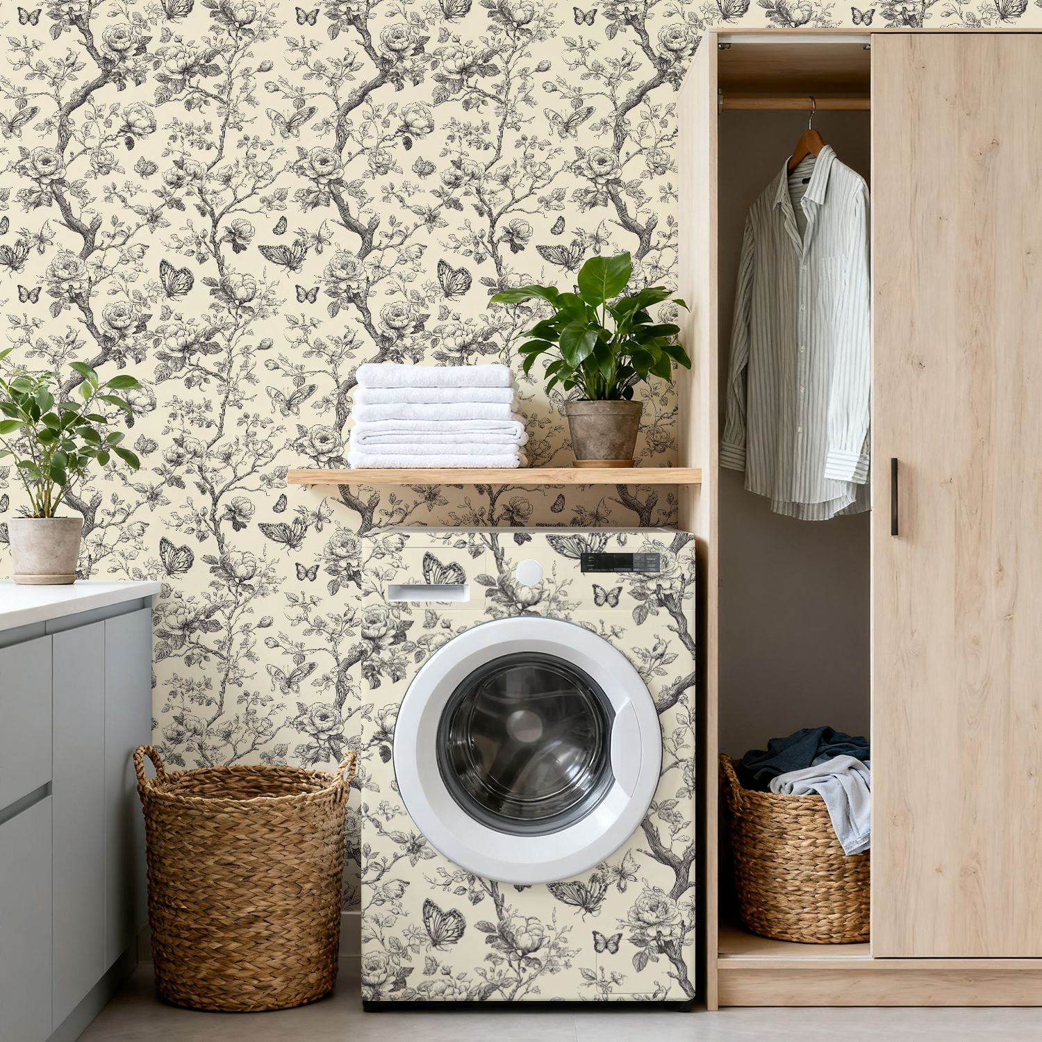 Peel and Stick Wallpaper Vintage Floral Butterfly Botanical Monochrome Line Art 17.7in x 118in Contact Paper Removable Self Adhesive Wall Mural Wall Decor for Bedroom Kitchen Cabinets