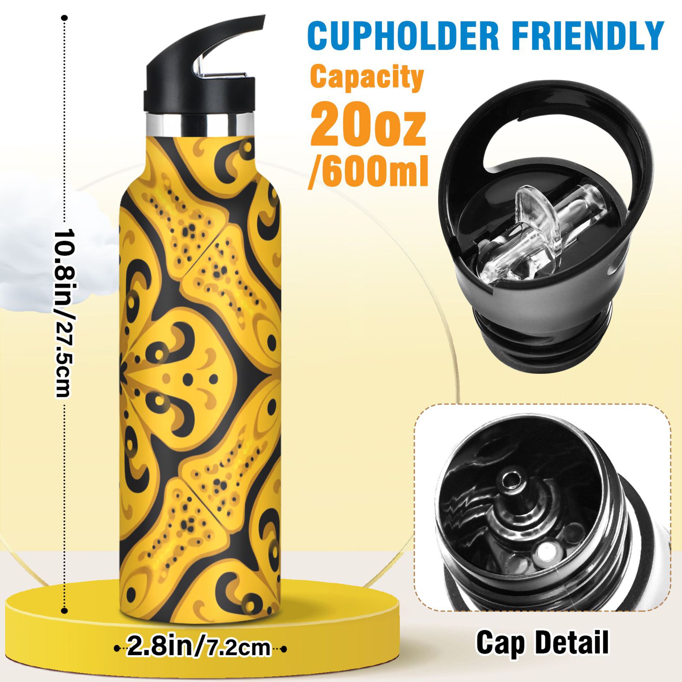 600ML Stainless Steel Insulated Cup Sports Water Bottle Portable Thermos Cup Water Glasses Insulated Tumblers Convenient and Durable Yellow