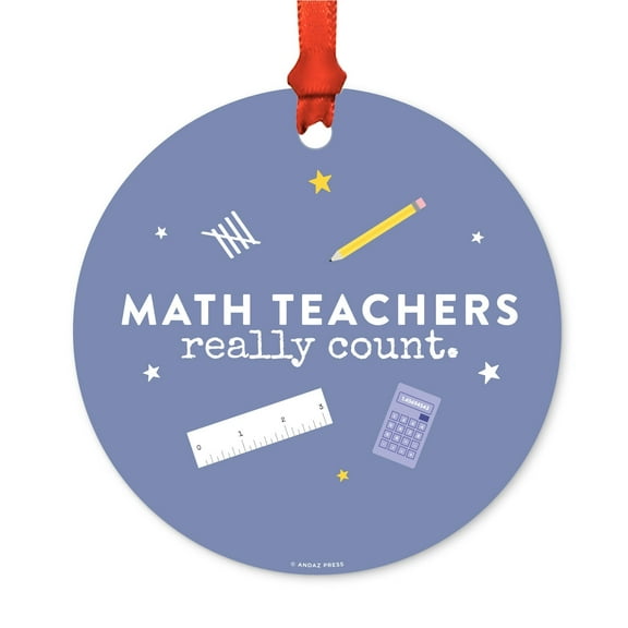 Round Metal Christmas Ornament, Math Teachers Really Count, Includes Ribbon and Gift Bag