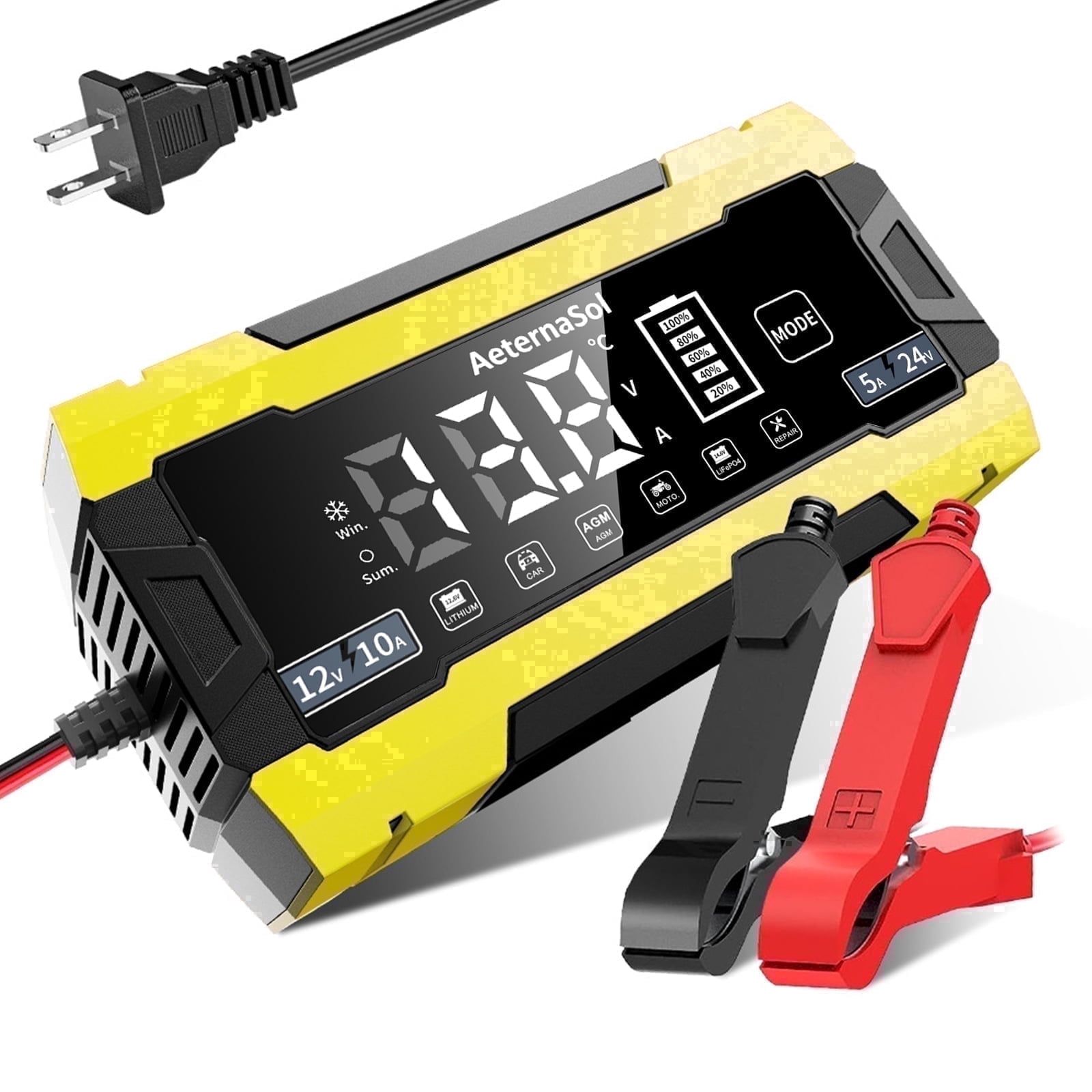 AeternaSol 10A Smart Battery Charger, 12V/24V Fully Automatic Trickle Charger & Maintainer with Temperature Compensation for Cars, Trucks, Motorcycles, Lawn Mowers, Boats and Other Marine Equipment