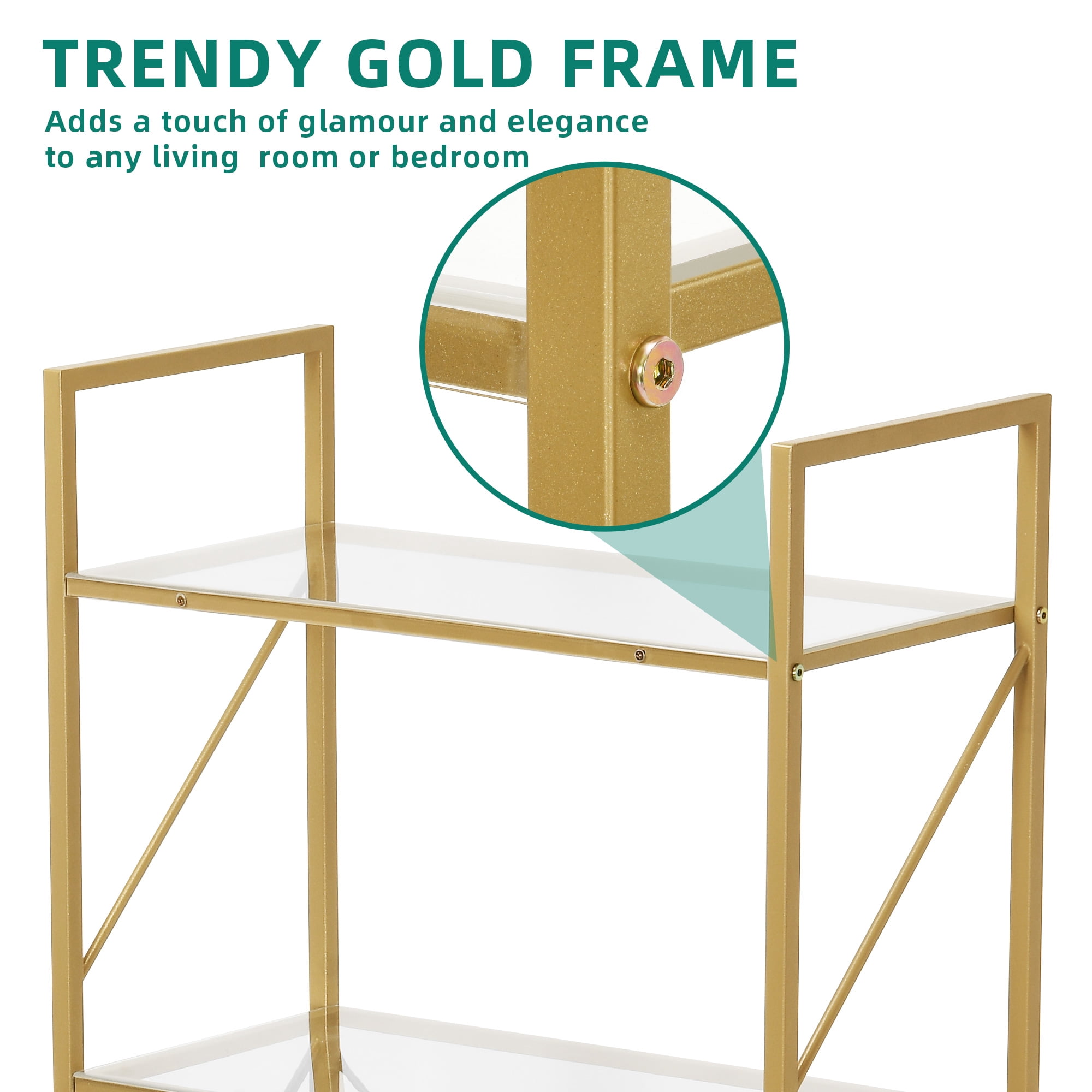 Dextrus 5-Tier Gold Bookshelf, Modern Open Display Bookcase with Metal Frame for Living Room, Bedroom & Office