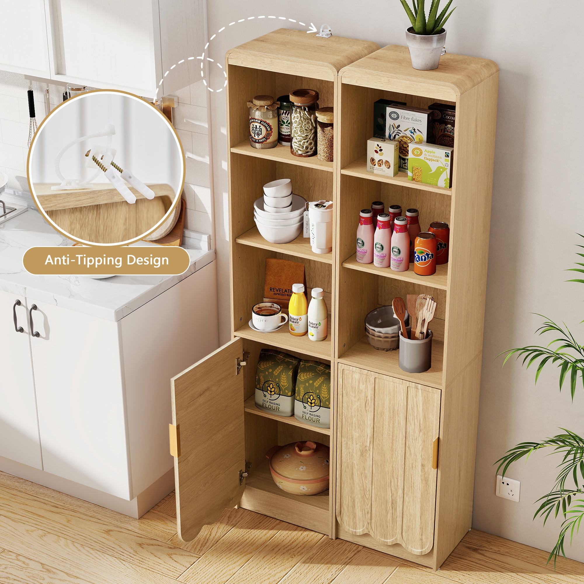 YOCWO 67" Tall Bathroom Storage Cabinet with Adjustable Shelves, 5 Tiers & 1 Door Bathroom Storage Tower with Wave Panel & Mental Handle, Freestanding Narrow Cabinet for Small Spaces, Natural