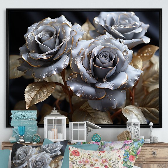 Designart "Muted Gold Rose Desire" Roses Floater Framed Canvas Prints