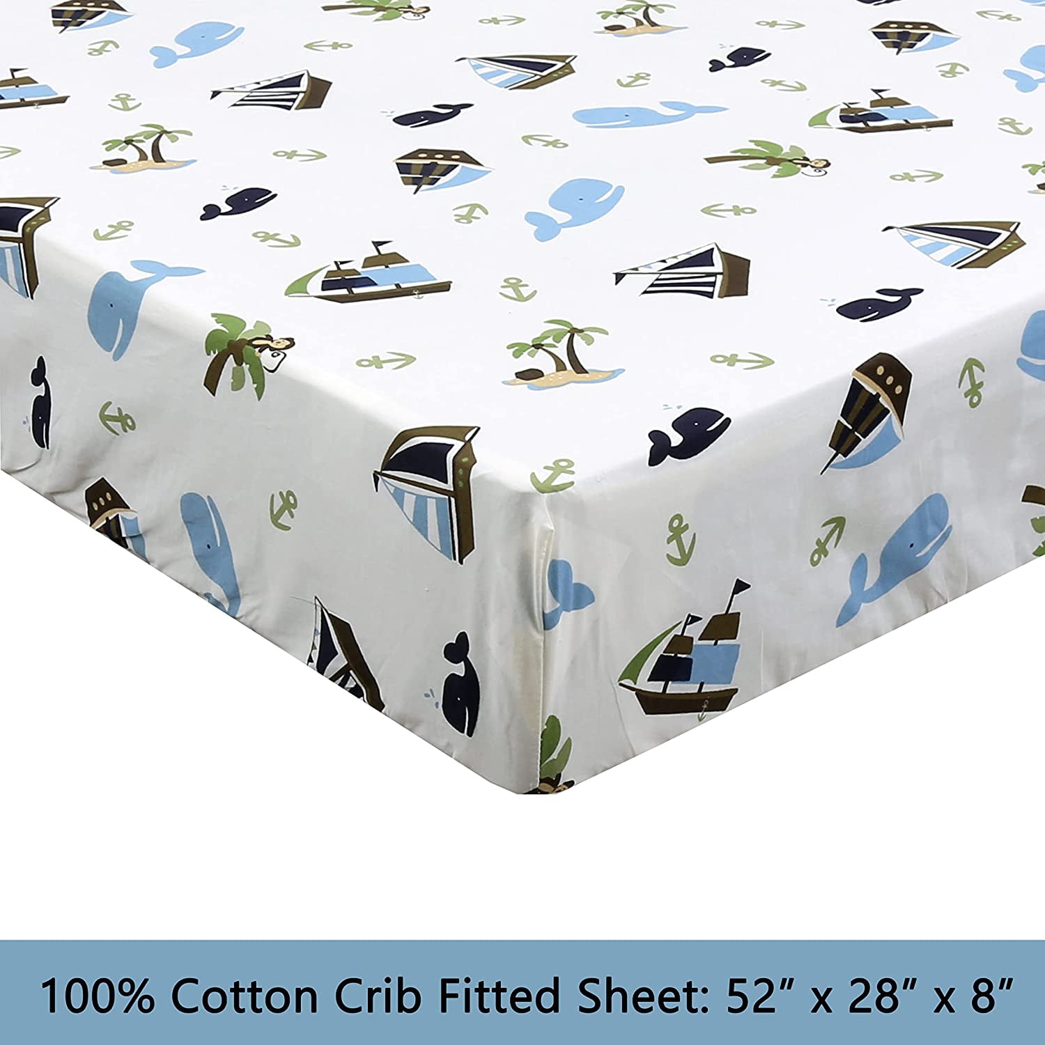 Ocean Blue Whale Ships Sail Monkey Island 3 Piece White Cotton Toddler Sheet Set