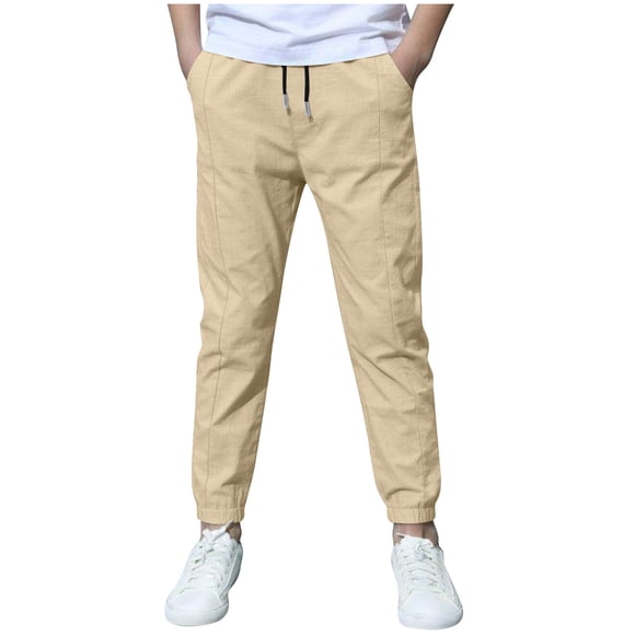 VINUSLI Street Wear Boys Pants Solid Drawstring Elastic Waist Joggers Sweatpant Lightweight Pull On Outdoor Pant with Pocket Beige,4 Years