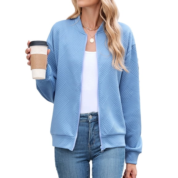 APEXFWDT Textured Bomber Jacket for Women Lightweight Zip Up Stand Collar Long Sleeve Casual Fall Jacket Outerwear