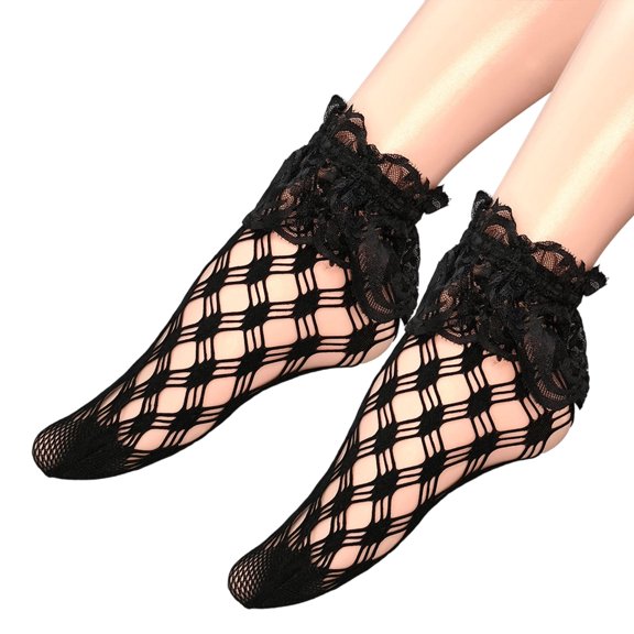 Womens Girl Elegant Lace Ankle Socks Ruffle Frilly Dress Socks Hollowout Patterned Fishnets Mesh Lace Trim Socks Hosiery