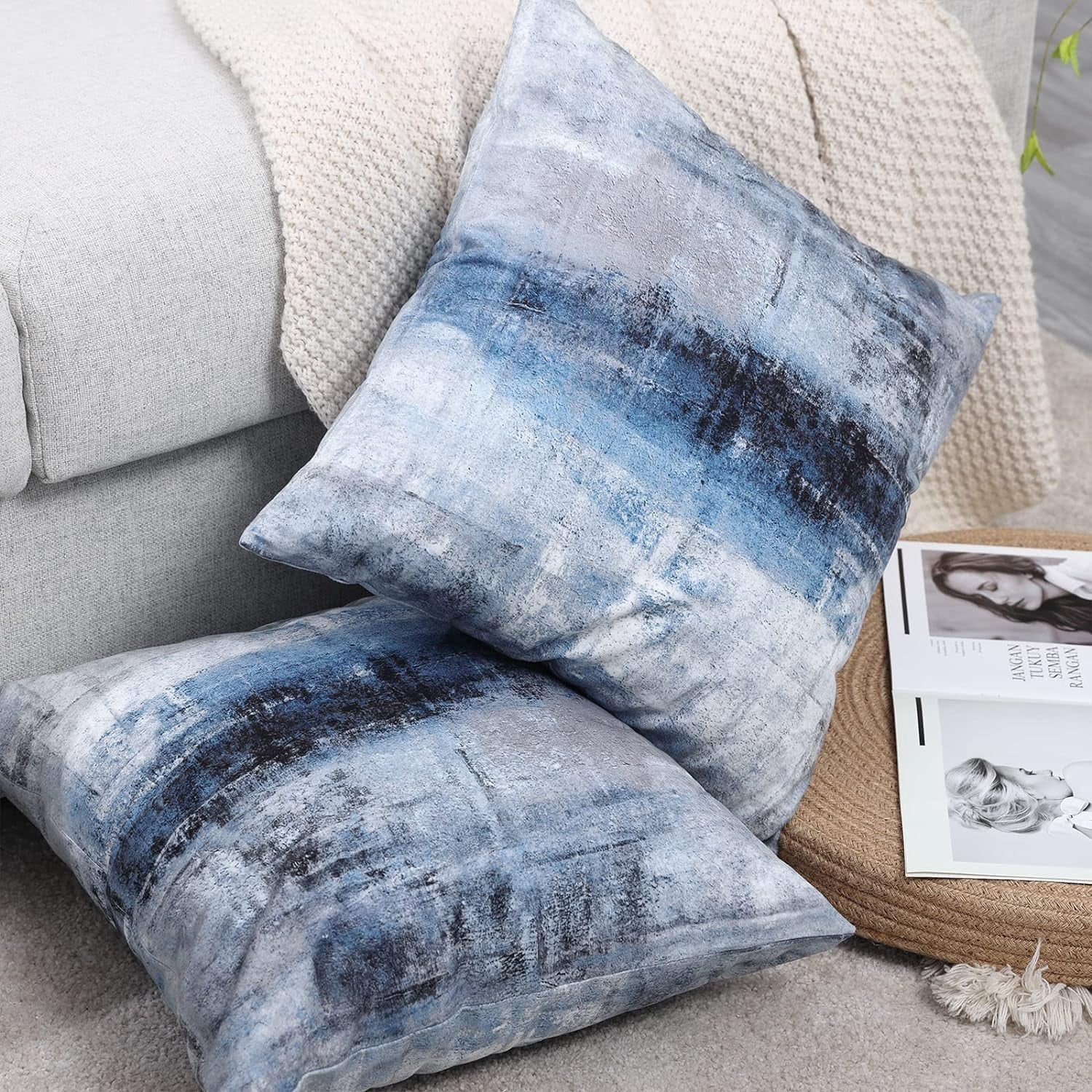 LALILO Blue and Grey Abstract Art Pillow Cover, Gallery Throw Pillows Cushion Cover 24 x 24 2Pcs