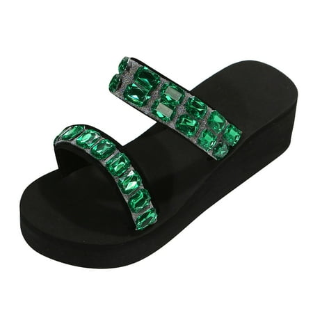 

Women Shoes Thick Bottom Slope Heel With Diamond Beach Slippers Fashion Home Comfortable Beach Slope Heel Slippers
