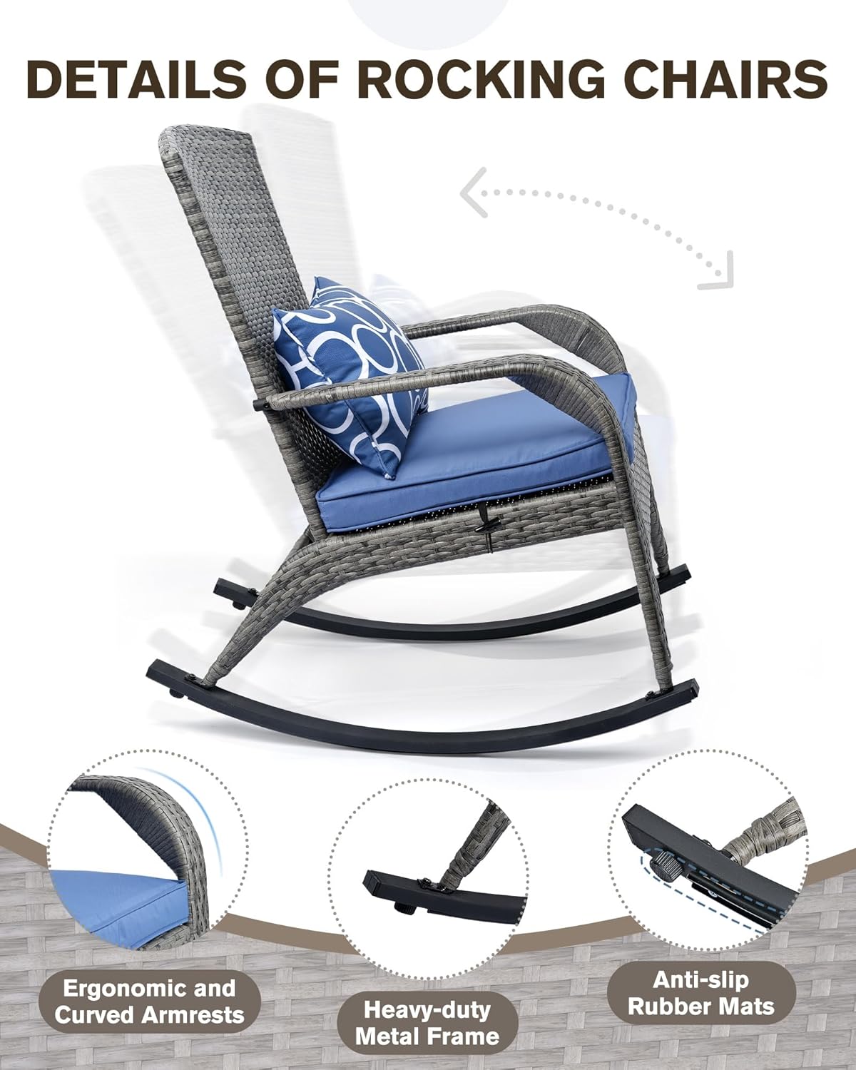 Outdoor Rocking Chair- Glider Rattan Rocker Chair with Heavy Duty Steel Frame- All Weather Outdoor Rocker Chair for Garden, Porch, Backyard