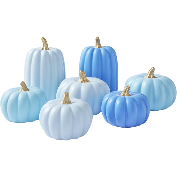 YANGLI 7-Piece Blue & Gold Stem Pumpkin Set | Modern Resin Pumpkins for Harvest Decor & Gender Reveal