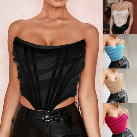 BiZtdJrK Mesh Corset Crop Top for Women Boned Overbust Waist Cincher Bustier Backless Strapless Ruched Tube Top Y2K Aesthetic Tops Sales of The Day Lightning Hot Pink XXL