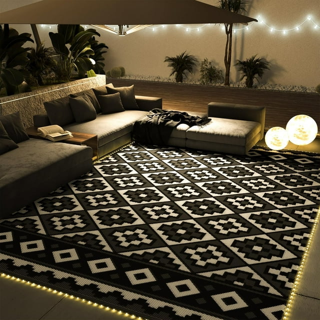 Tapis Extérieur x Tapis de Camping RV Tapis Extérieur-Patio Véhicule Récréatif Tapis de Jardin avec Bande Lumineuse Led Réversible Géométrique Pique-Nique Terrasse Balcon Tapis Pliables &