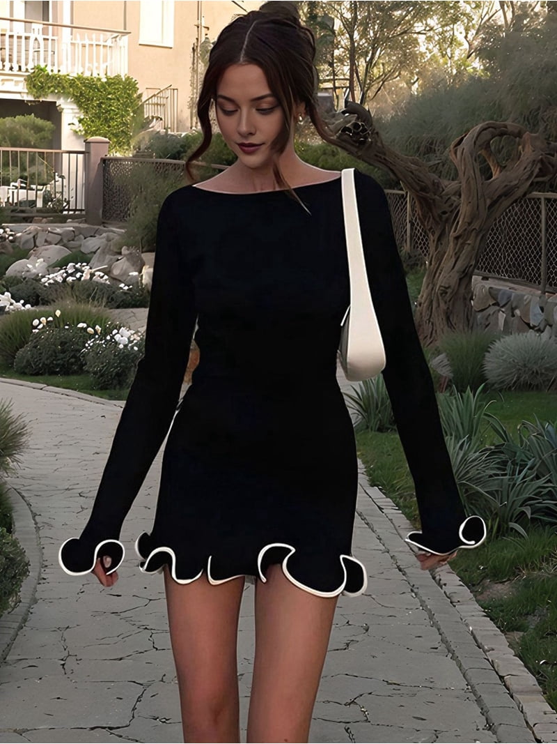 Women Elegant Ruffle Hem Knit Mini Dress Long Sleeve Contrast Color  Patchwork Bodycon Short Sweater Dress Fall Black L - Walmart.com