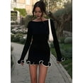 thumbnail image 3 of Prettady Women Elegant Ruffle Hem Knit Mini Dress Long Sleeve Contrast Color Patchwork Bodycon Short Sweater Dress Fall Black XS, 3 of 7