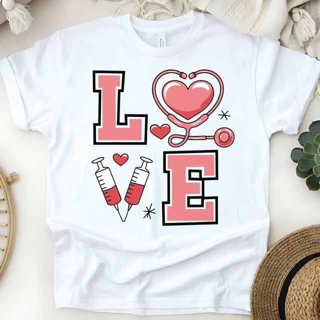 T-Shirt d'Infirmière avec Graphique de Stéthoscope et Seringue, Blanc, Taille 2TG